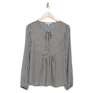 NEW Three Dots Mason Gingham Plaid Long Sleeve Blouse in Black/White Sz. XL